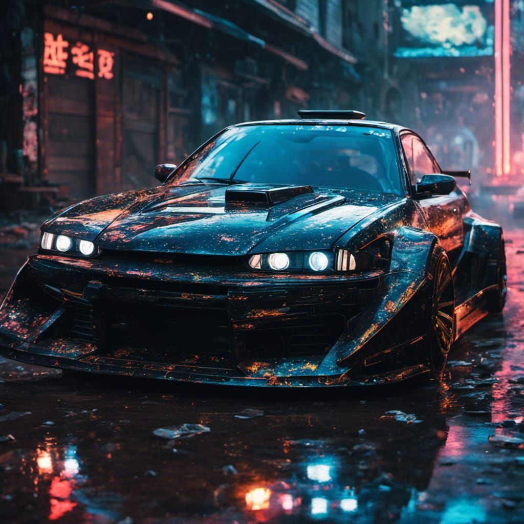 Baroque Cyberpunk Car Drifting in Ruined Temple