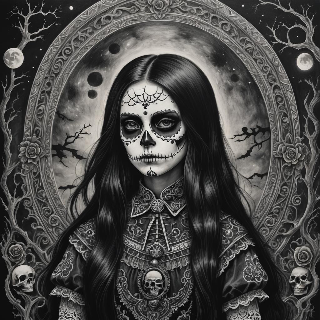Sugar skull Wednesday addams b&w