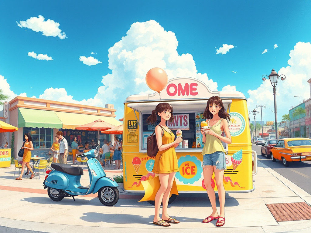 Nostalgic Ice Cream Van Scene on Bustling Street
