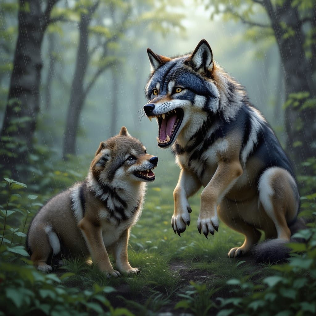 Protective Black Wolf with Cubs in Mist