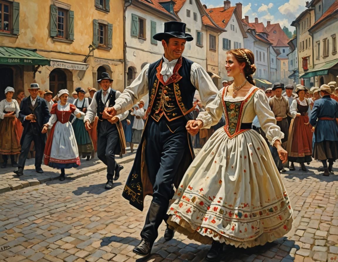 Moravian Woman Dancing in Kyjov Dress, Oil Painting