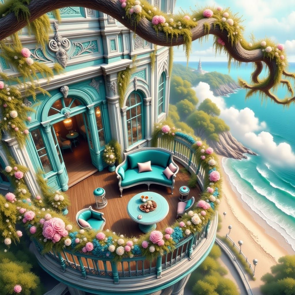 Ethereal Victorian Mansion on a Sandy Beach