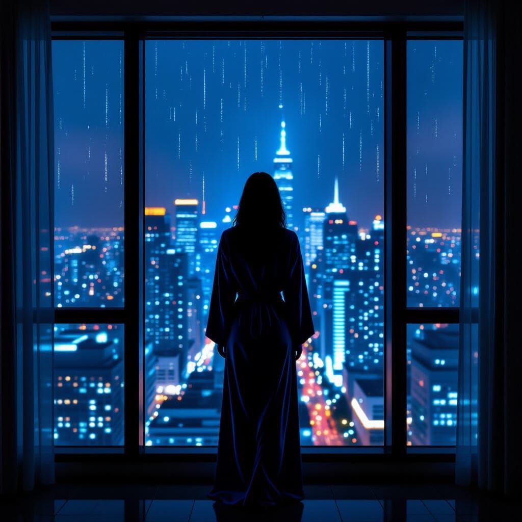 Figure by Rain-Streaked Window Over Neon Cityscape