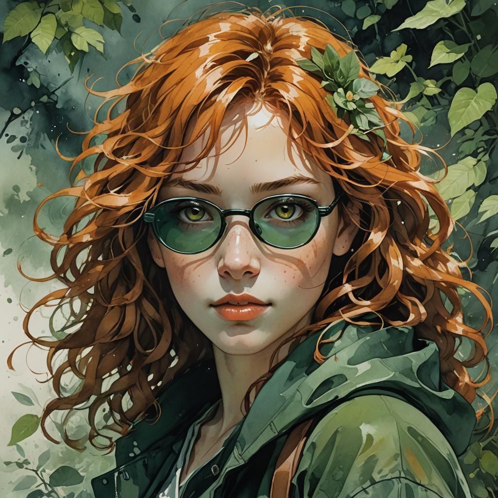 Smiling Woman with Orange Hair in Watercolor Style