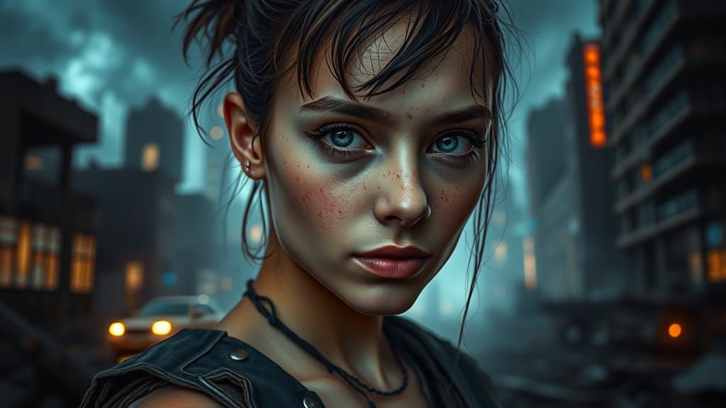 Young Woman in a Decadent Post-Apocalyptic Cityscape