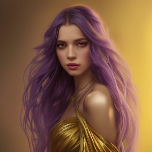 Violet Hair Portrait with Gold Dress, Detailed Art