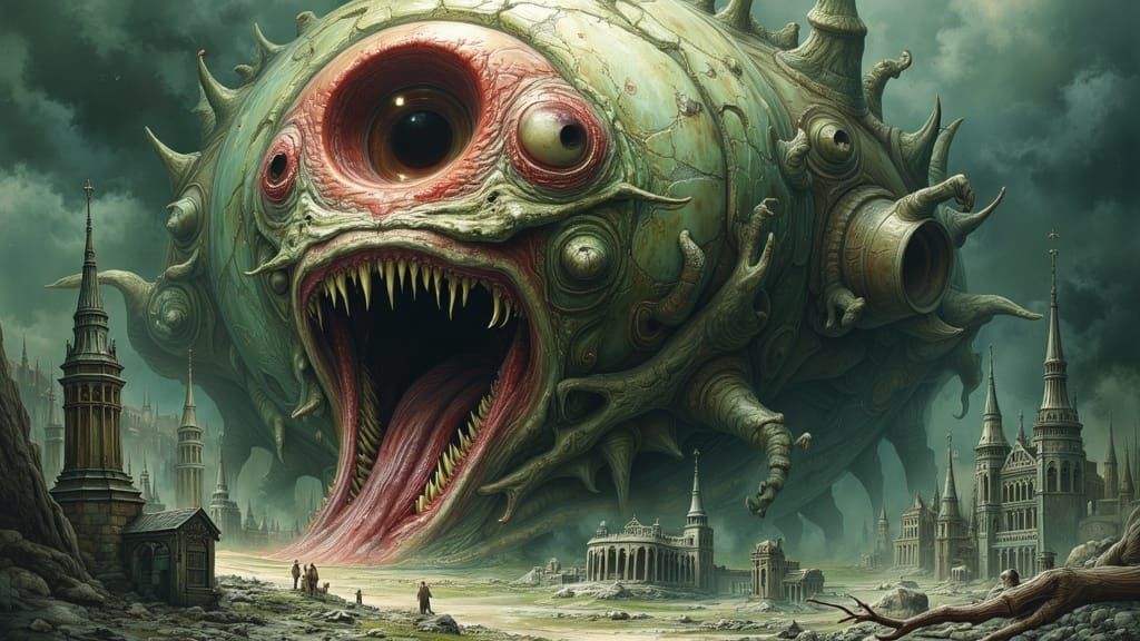 Gargantuan Slimy Eyeball with Bony Plates and Dystopian Land...