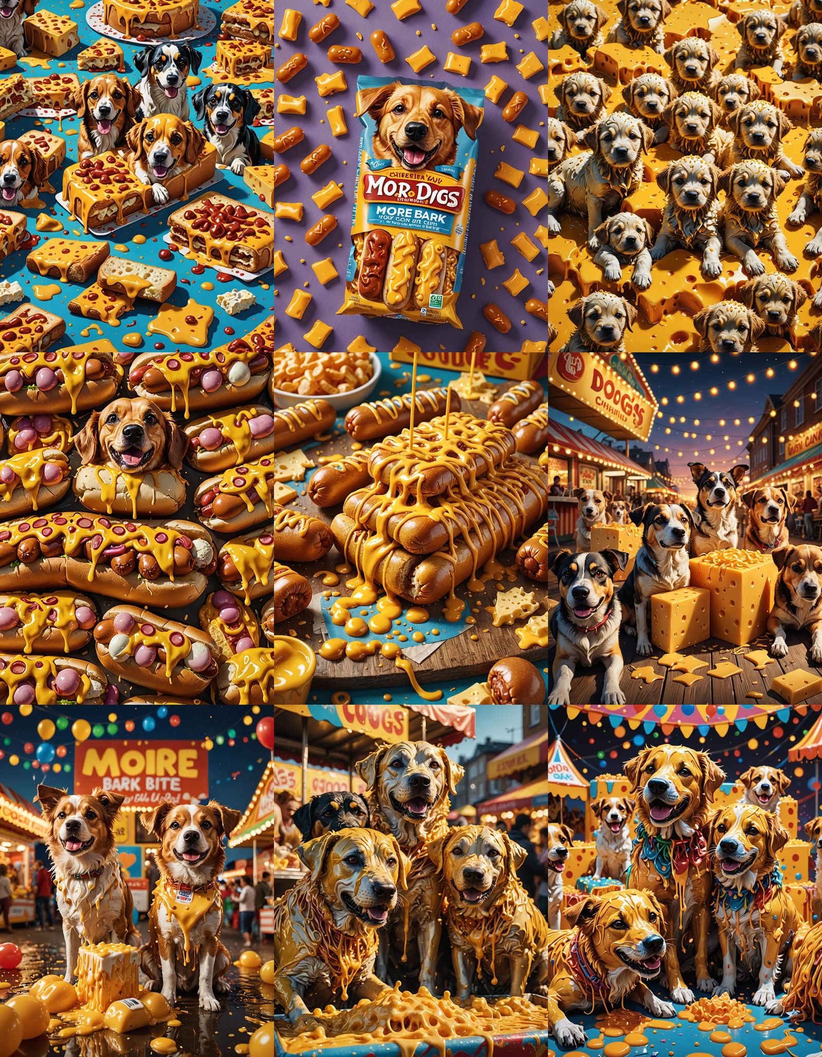 Hyperrealistic Cheese Dogs Carnival Setting