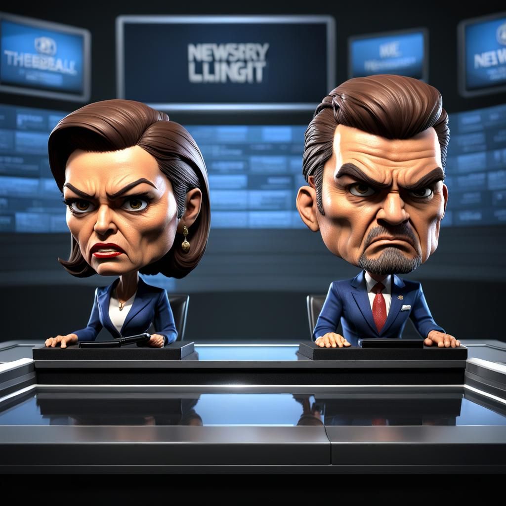 Angry Bobblehead Newscasters in Dark Fantasy Style