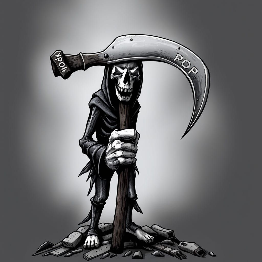 Grim Reaper Wields Sickle with Bold Pop-Color Symbolism