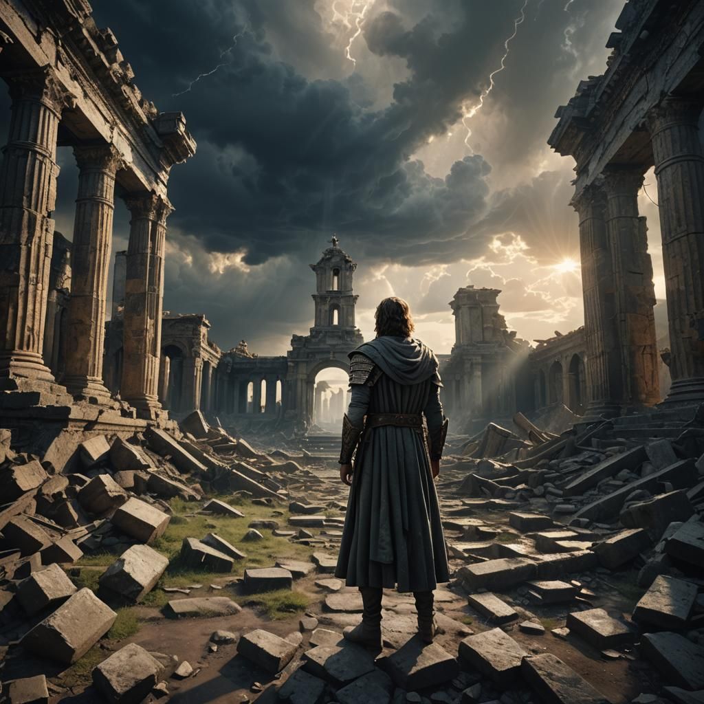 Divine Being Amidst Ruins in Cinematic Still