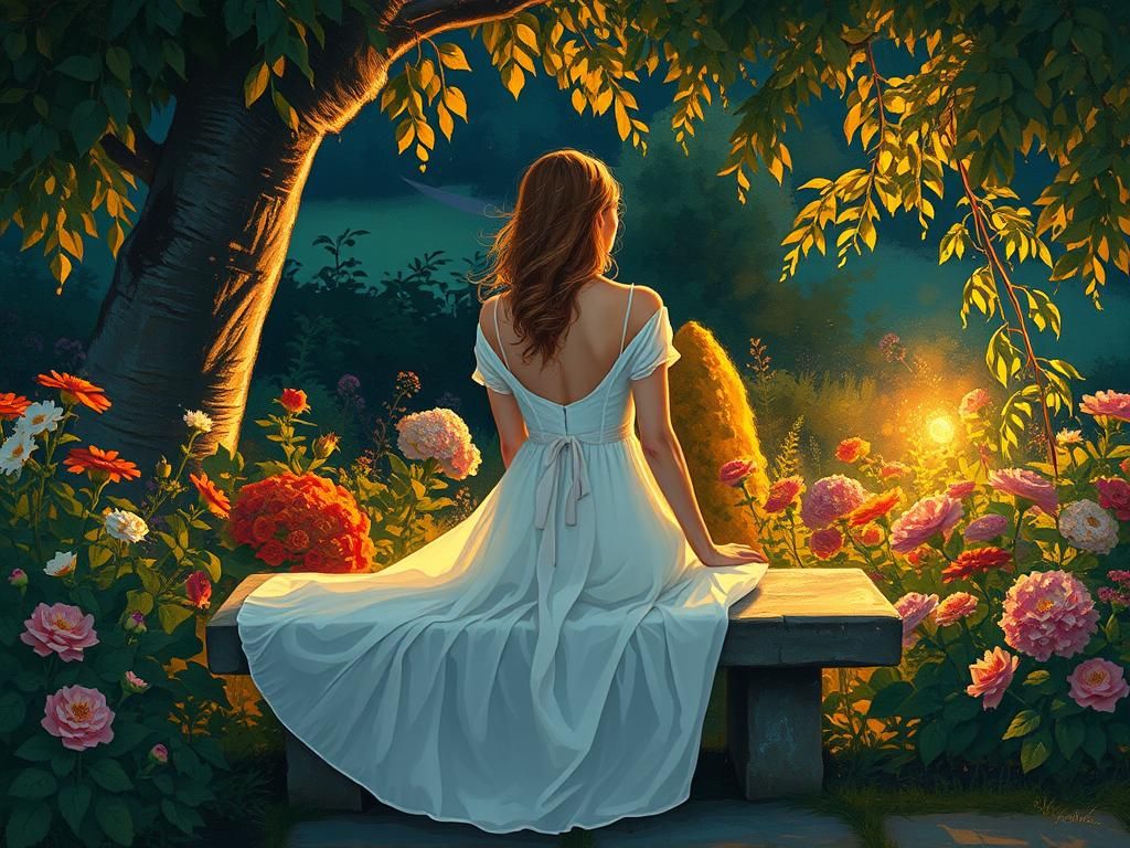 Serene Garden Scene in Impressionistic Illustration Style