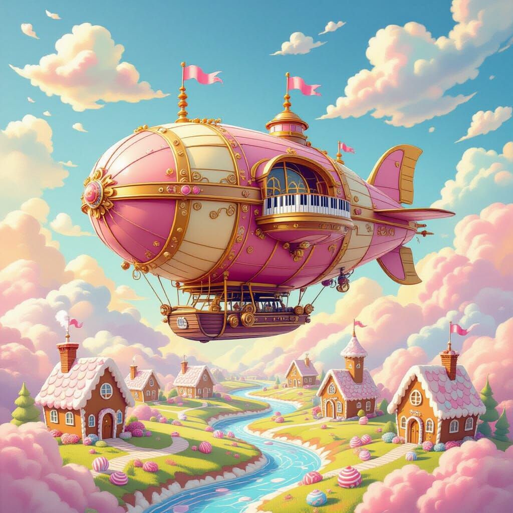 Whimsical Airship Drifting Through Candy Sky