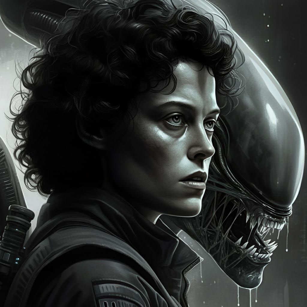 Ripley and Xenomorph in Hyperrealistic Black and White