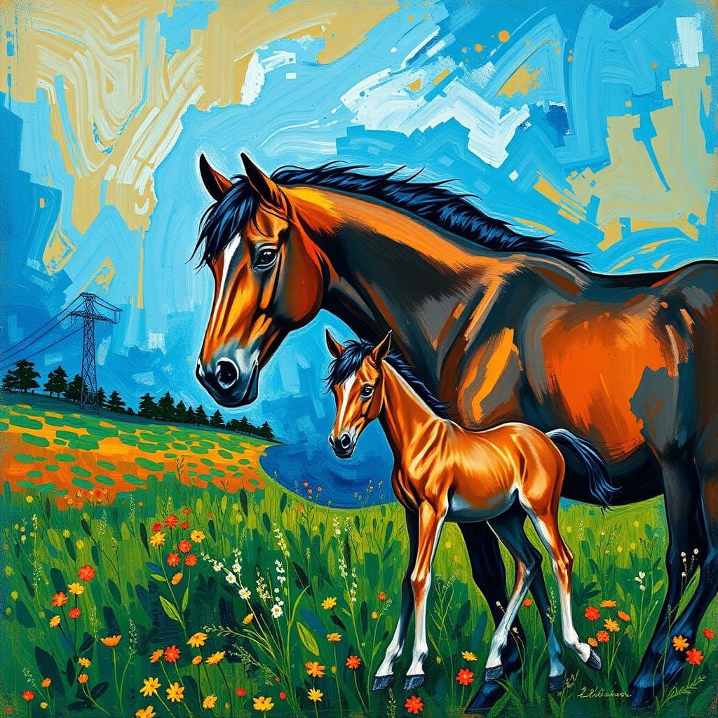 Majestic Horse and Foal in Vibrant Abstract Landscape