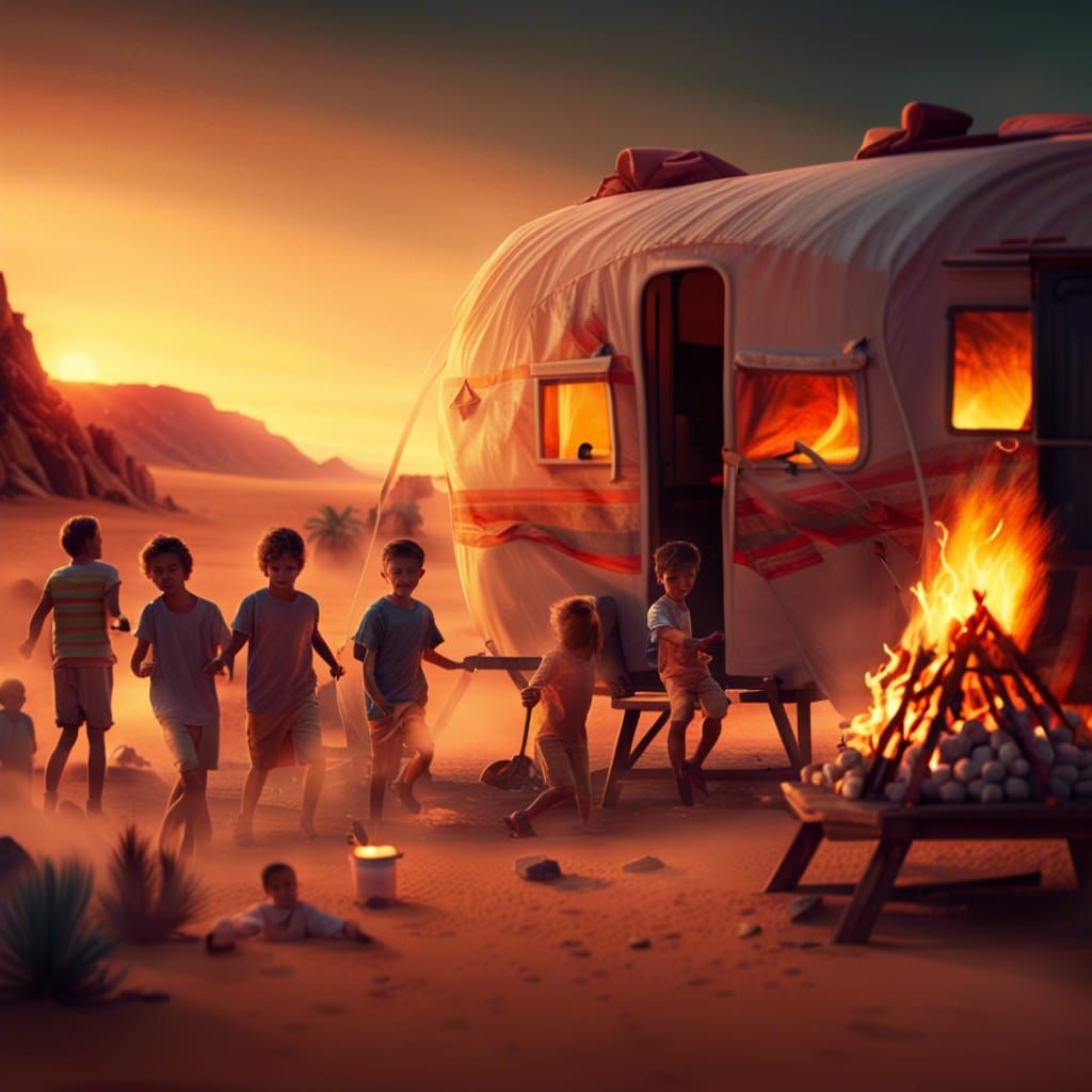 Desert Caravan Park Bonfire at Sunset