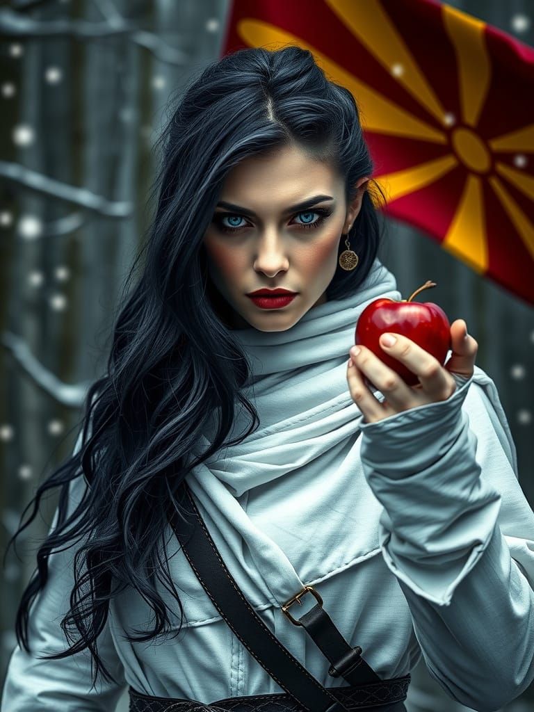 Evil Macedonian Warrior Offers Apple in Snowy Forest