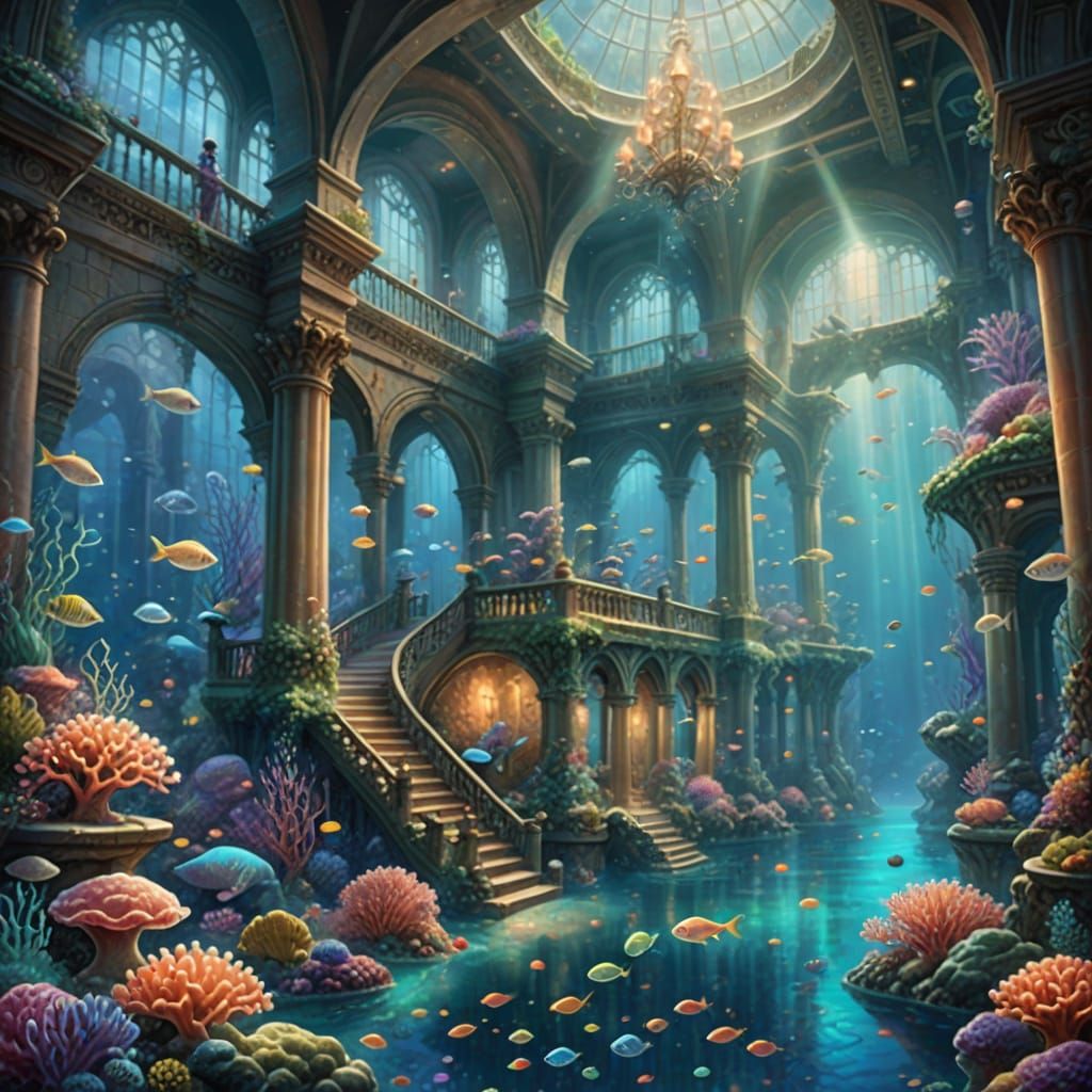 Underwater Coral Palace with Mermaids in Pastel Style