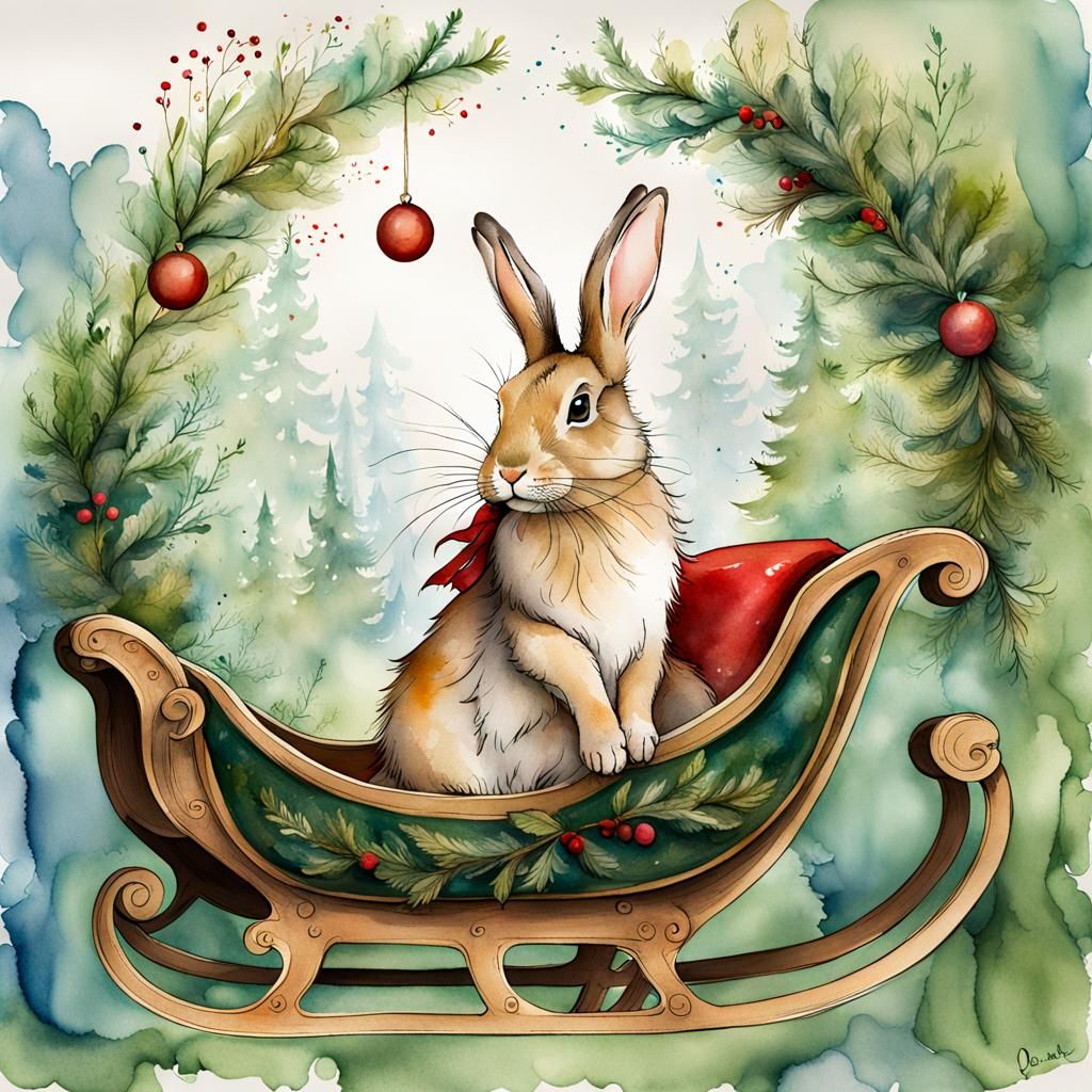 Rabbit on Christmas Sleigh Watercolor Painting