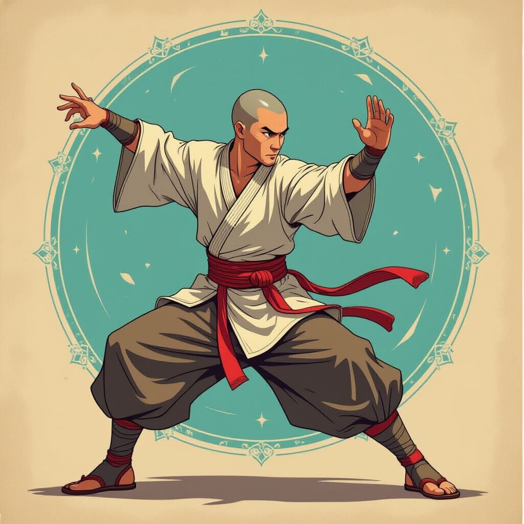 Monk in Dynamic Combat Pose with Flowing Movements