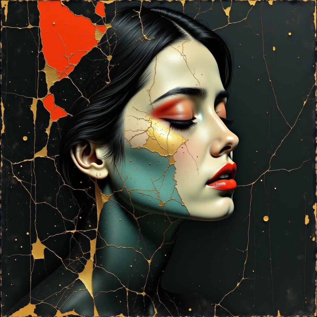 Woman with Kintsugi Cracks Reveals Inner Gold