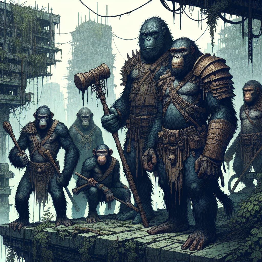 Dark Fantasy Ape Warriors Stand Tall on Ruined Rooftop
