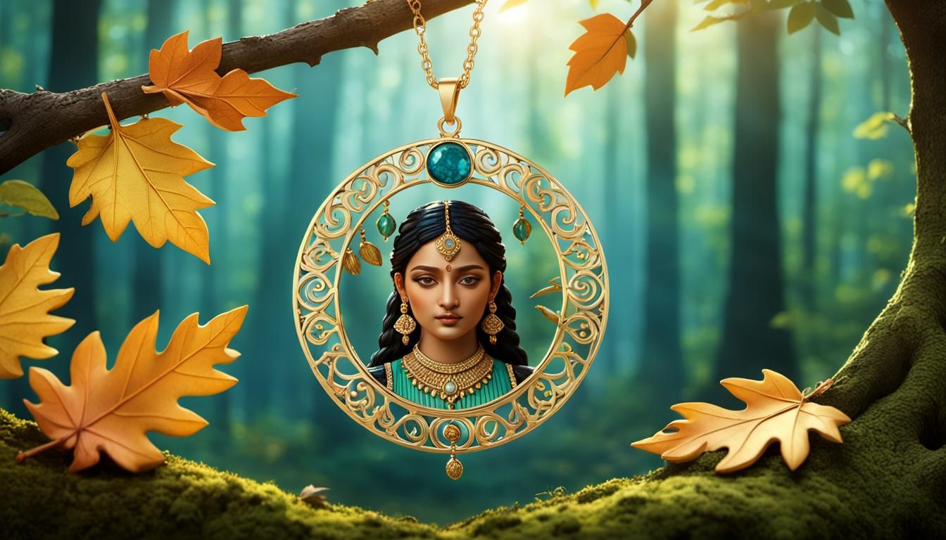 Indian Moon Pendant in Autumn Forest: 3D Render