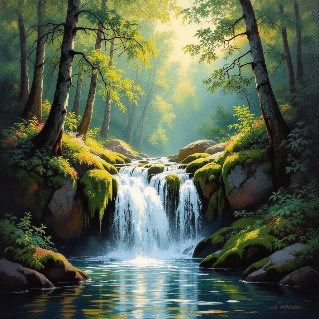 Lush Forest Waterfall in Oil Painting Style