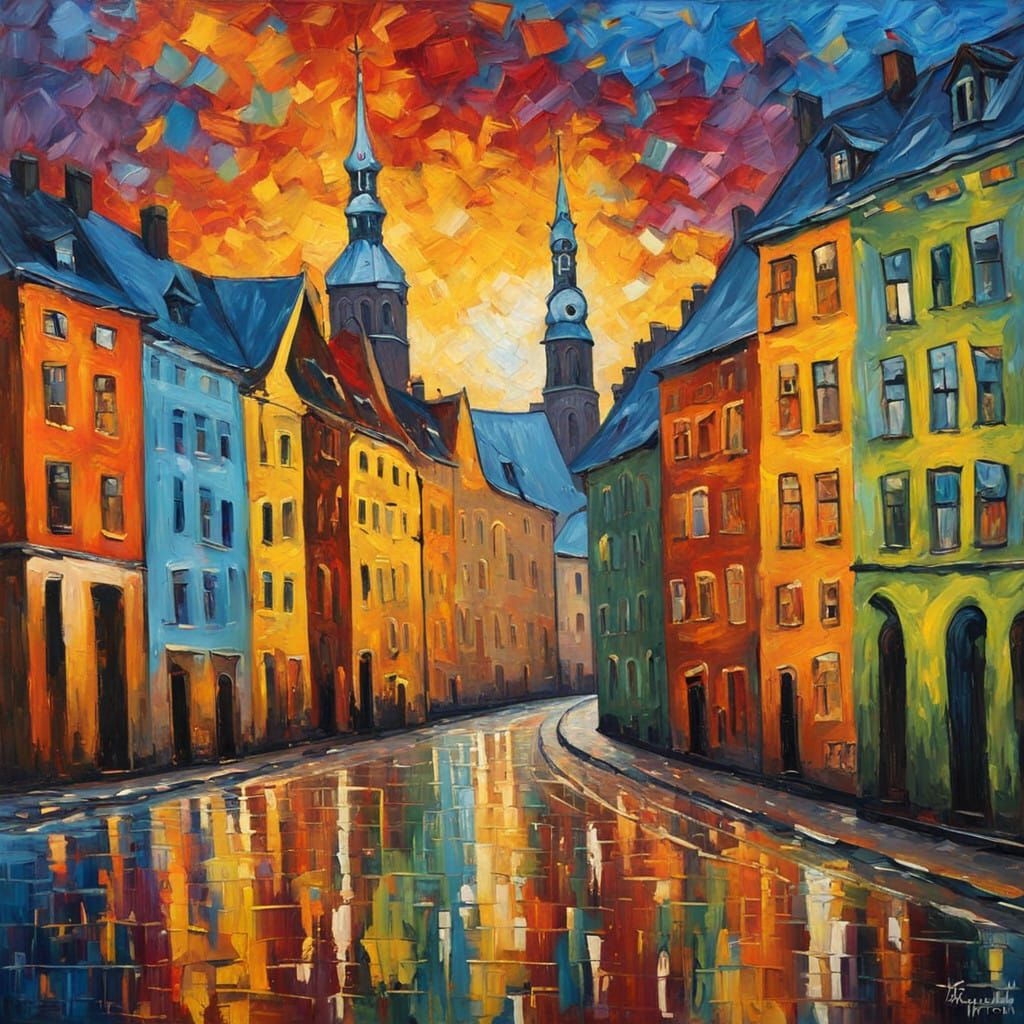 Expressionist Riga Cityscape in Neo-Impressionist Style