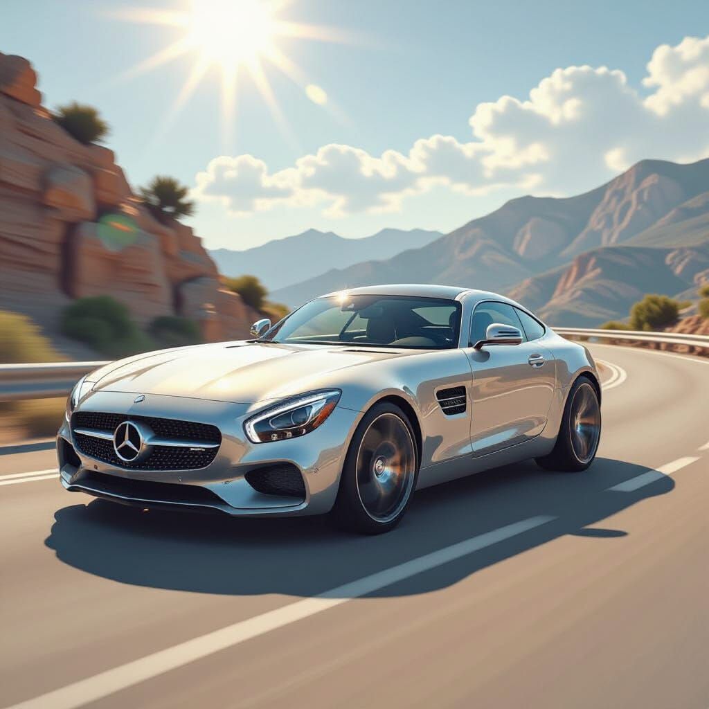 Silver Mercedes Speeding, Futuristic Concept Art