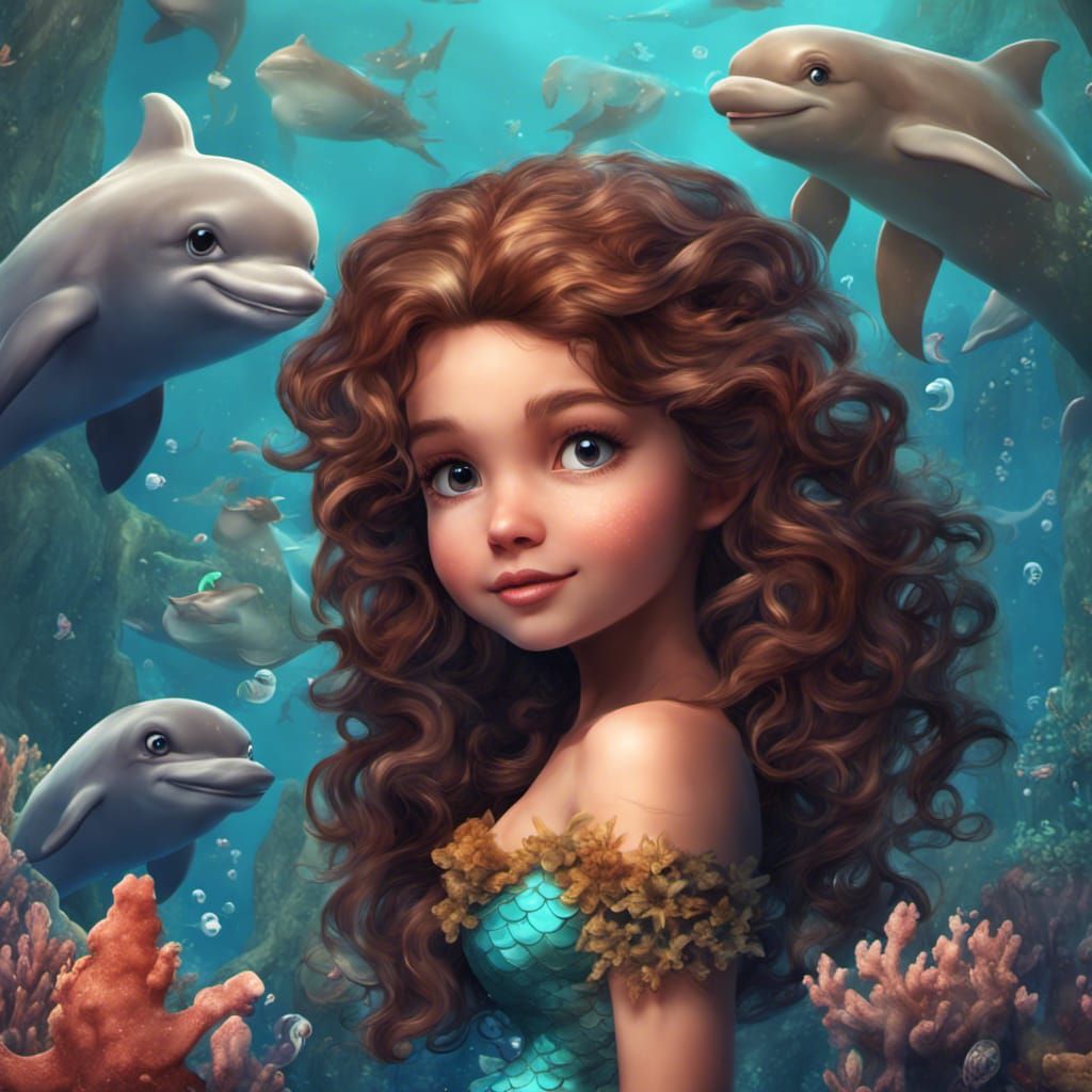 an extremely cute curly brown hair, brown eyed little mermaid with her cute little dolphin friends