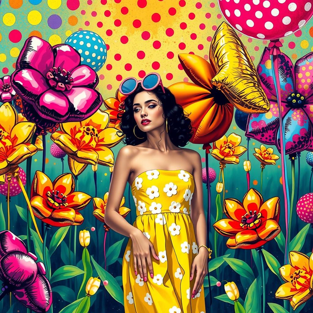 Vibrant Woman in Infinity Dots and Balloons