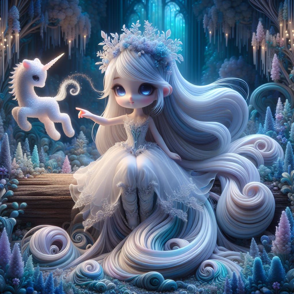 Chibi Melia Reaching for Smoke Unicorn in Blue Lighting