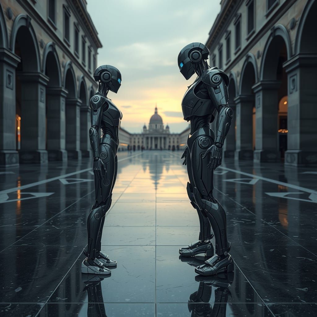 Futuristic Robots in Art Nouveau-Inspired Plaza