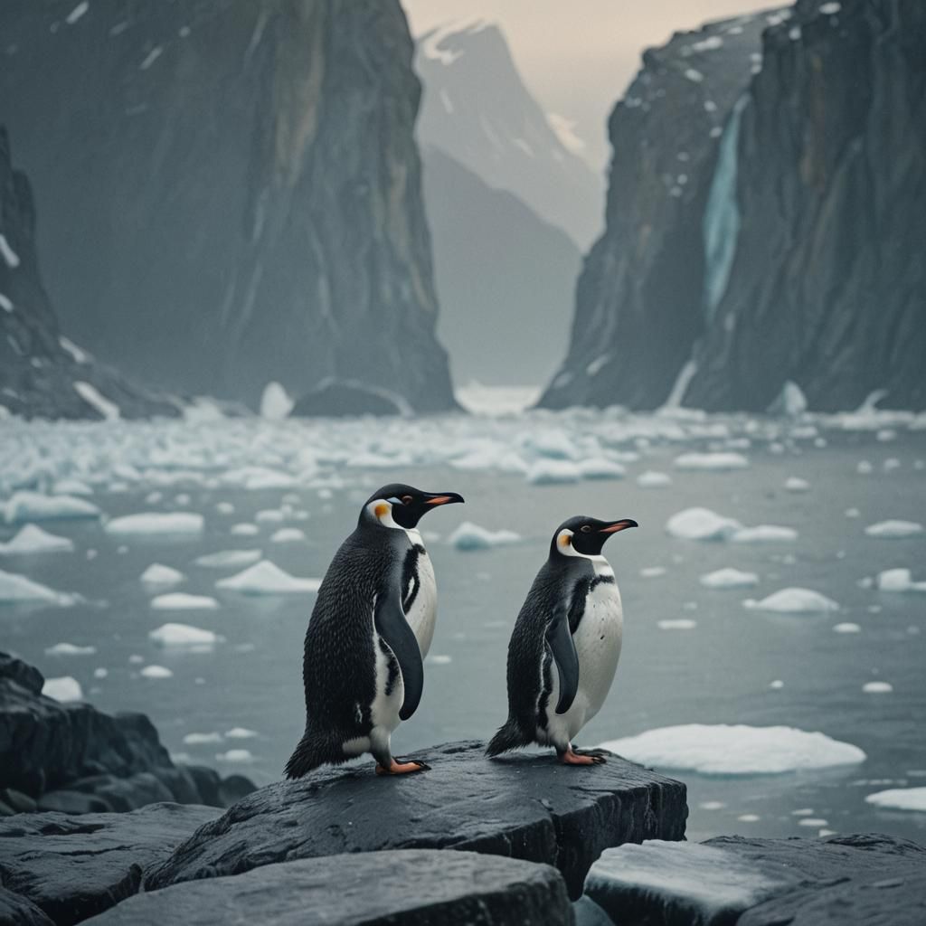 Penguin on Icy Rock: Cinematic Film Still