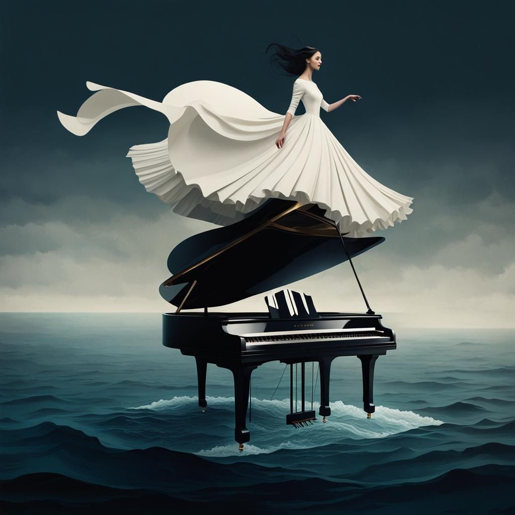 Woman on Piano Boat in Sea, Ruben Ireland Style