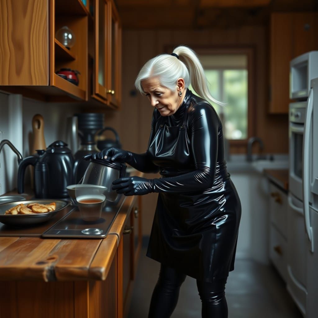 Elderly Woman in Glossy PVC Makes Coffee in Rustic Kitchen