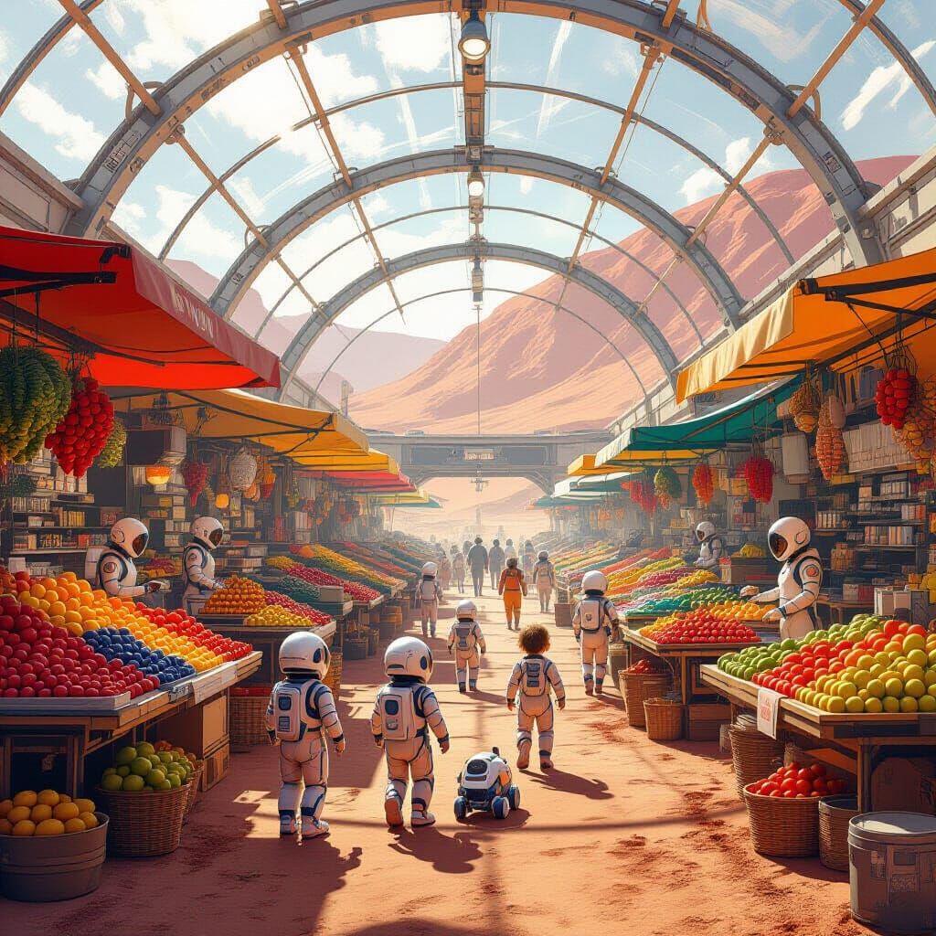 Martian Marketplace Biodome with Sci-Fi Illustration Style