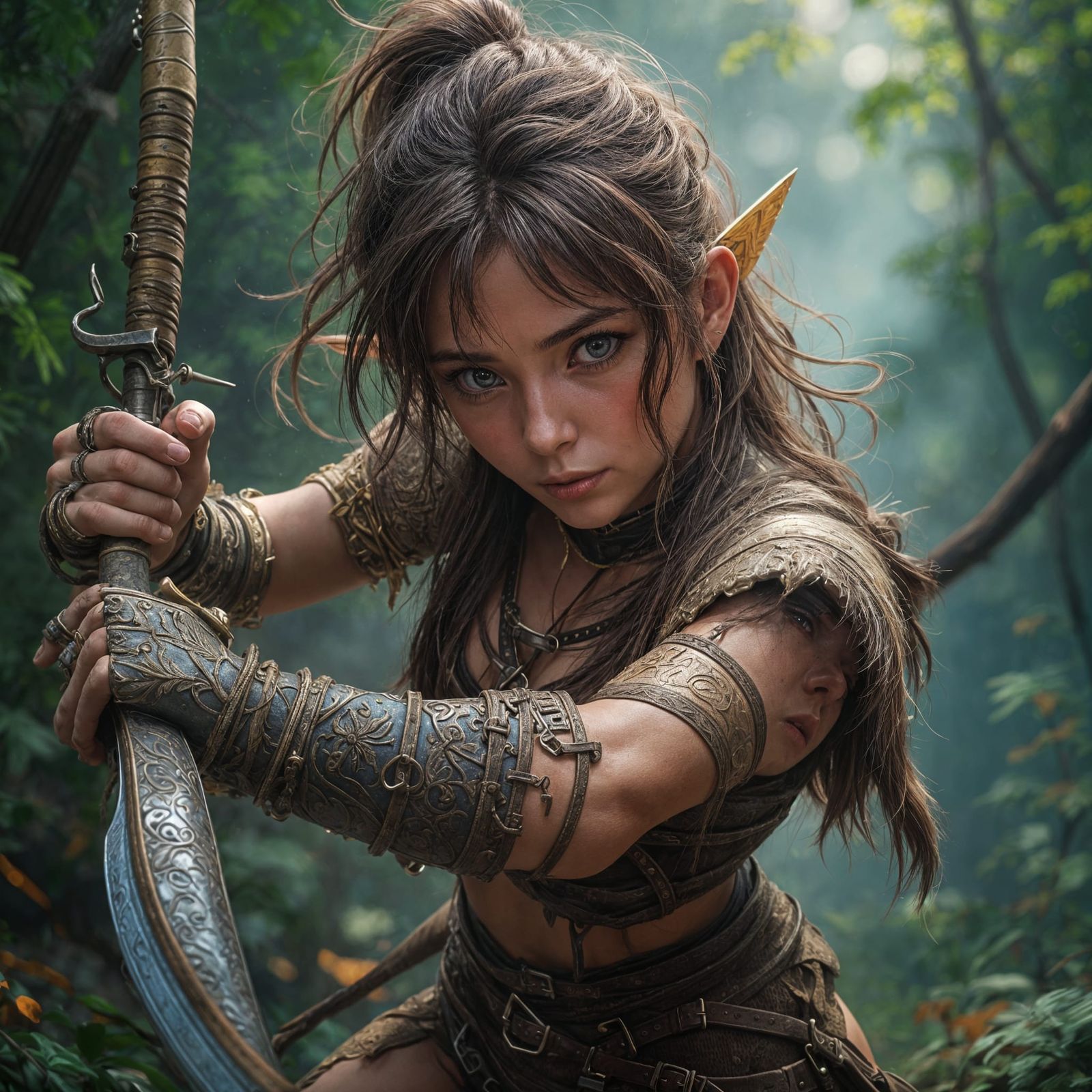 Hyperrealistic Anime Portrait of a Young Elf Woman Ranger in...
