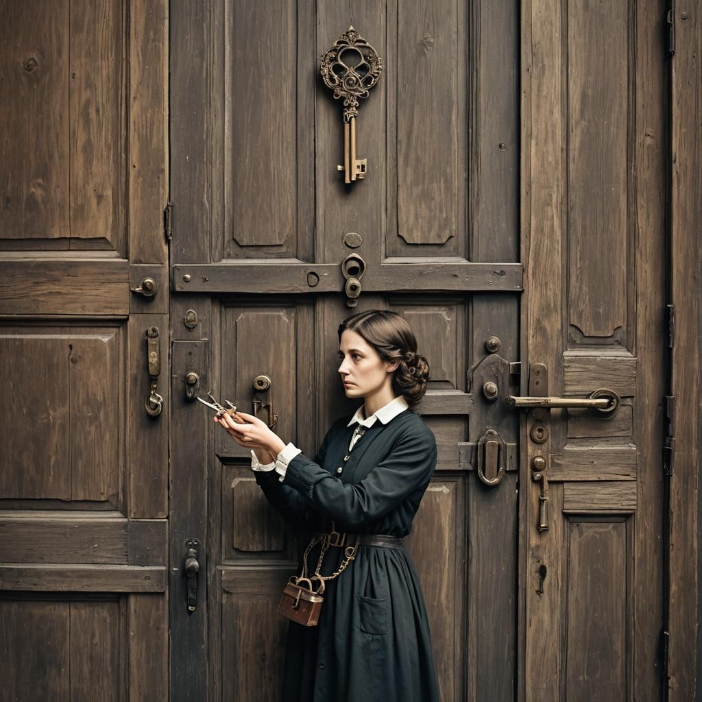 Mysterious Woman with Antique Keys at Door