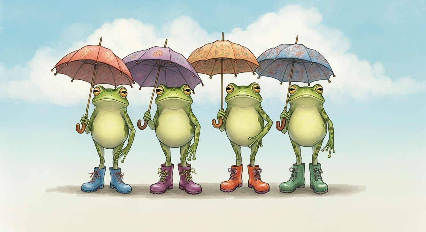 Frogs with Umbrellas in Whimsical Children's Book Style