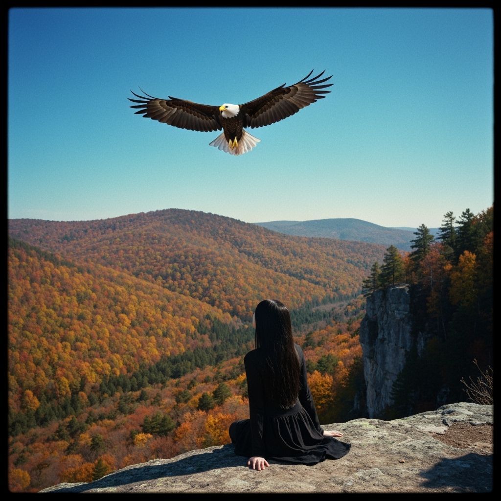 Girl Gazes at Eagle Over Autumn Valley
