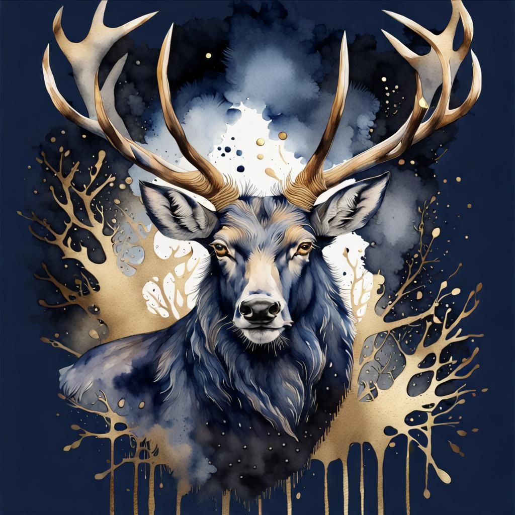 Navy and Gold Stag Watercolour Painting