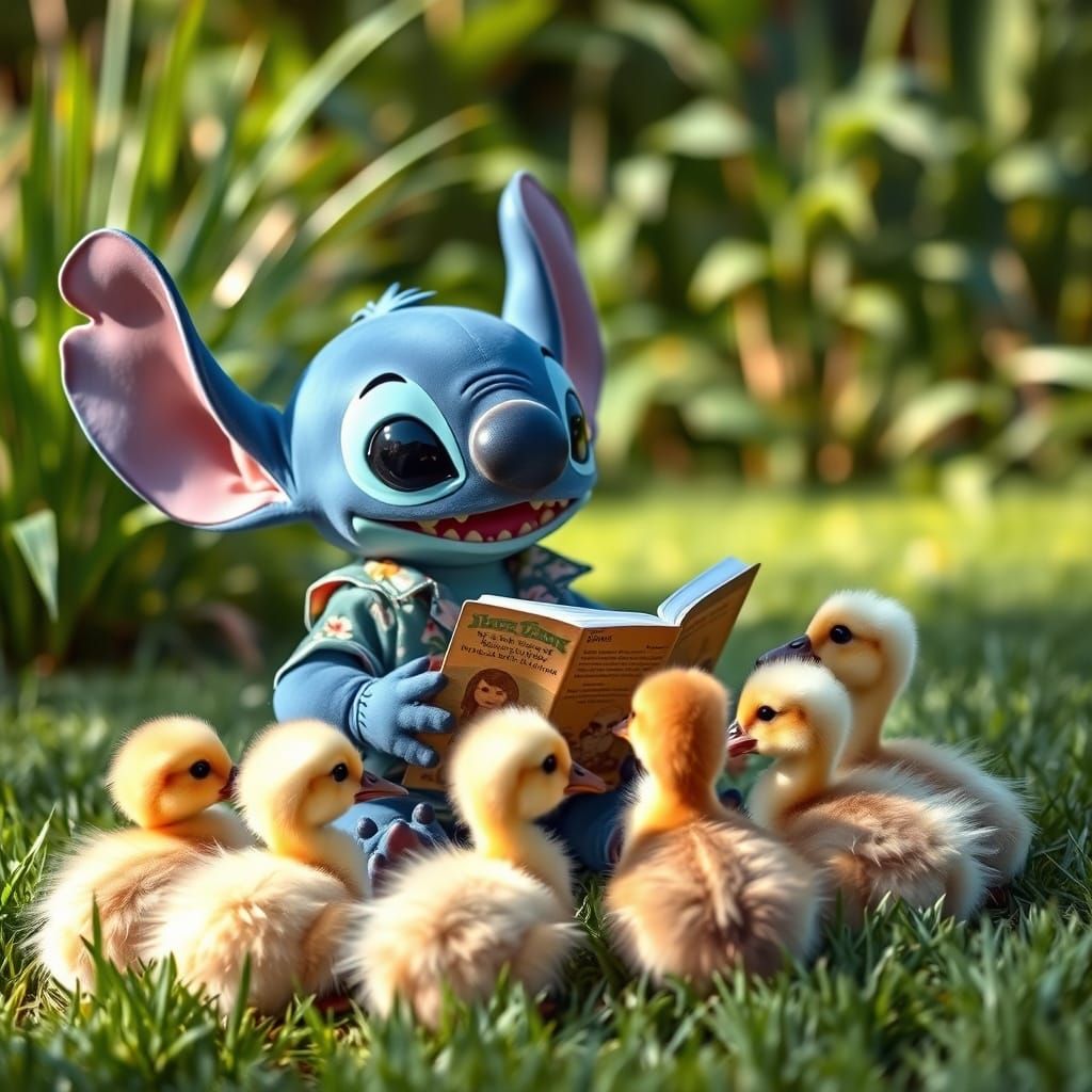Stitch Reading to Ducklings in Hyper-Realistic Style