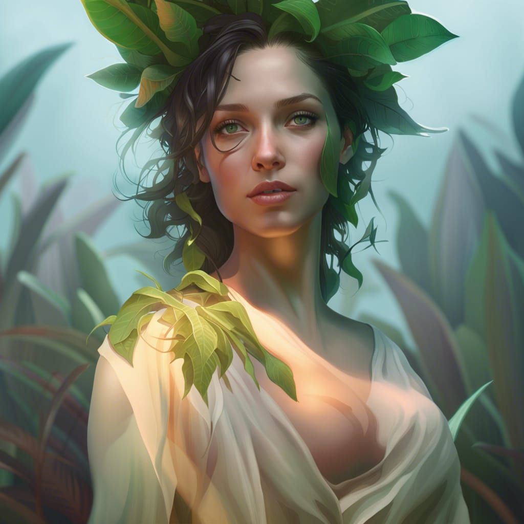 Detailed Plant Woman Portrait in Art Nouveau Style
