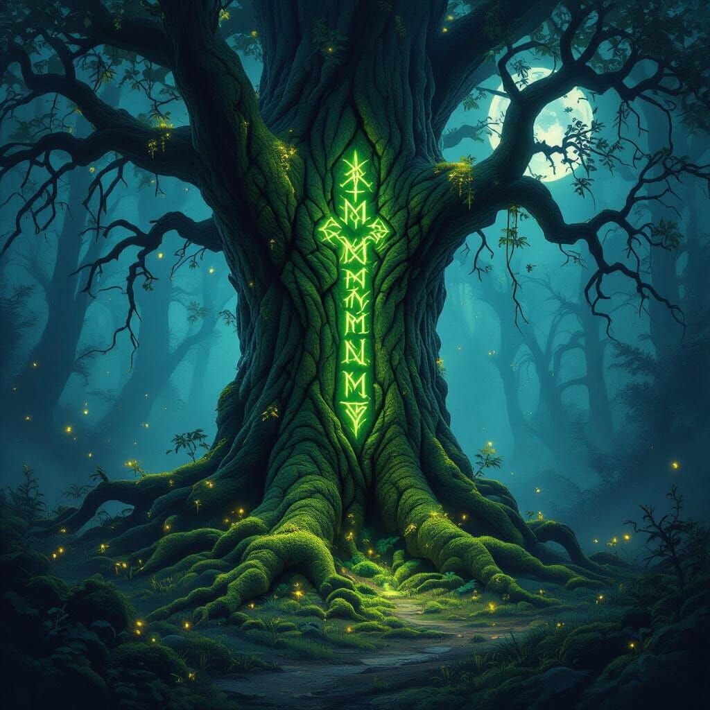 Majestic Ancient Tree in Mystical Moonlight Clearing