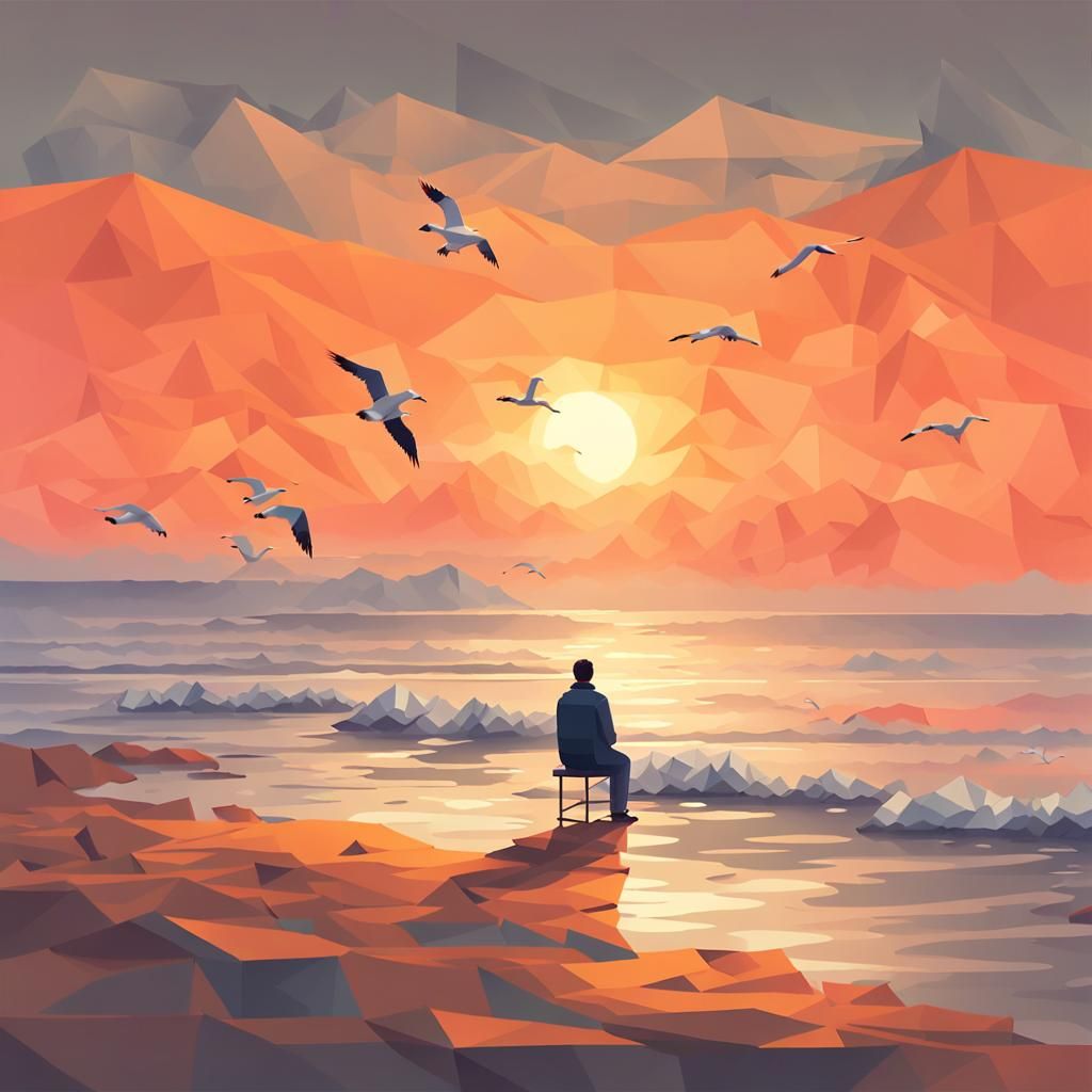 Desolate Beach Sunset in Low-Poly Pixel Art