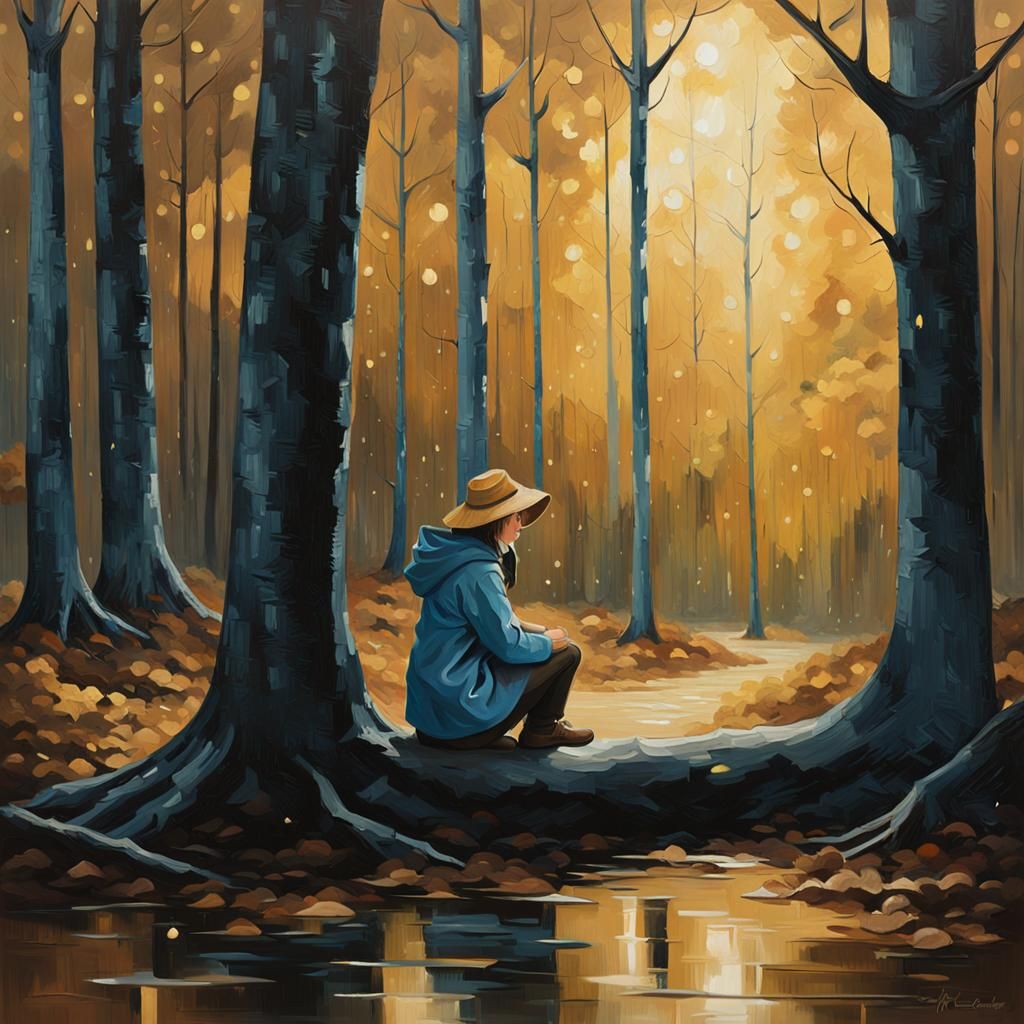 Woman in Dark, Rainy Forest, in Muted Oil on Canvas Style