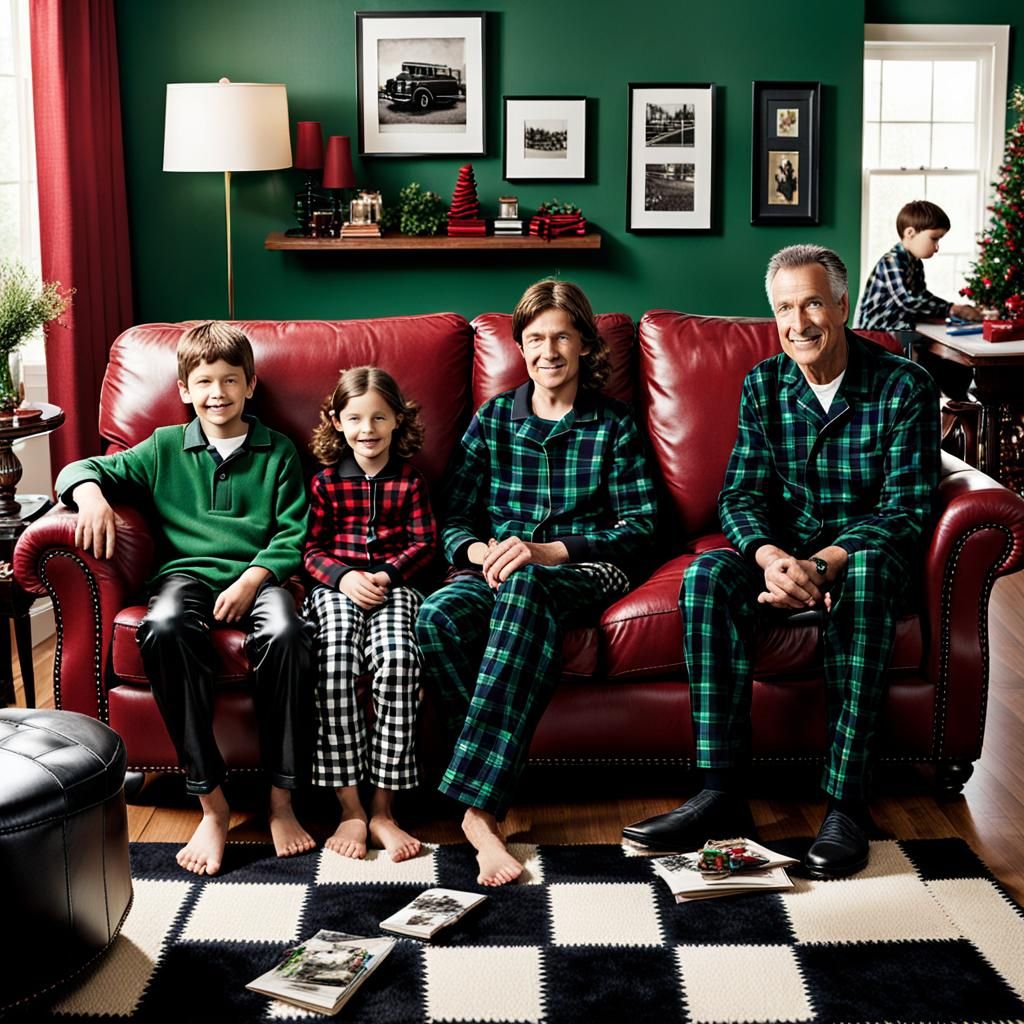 Family Lounging in Plaid Pajamas