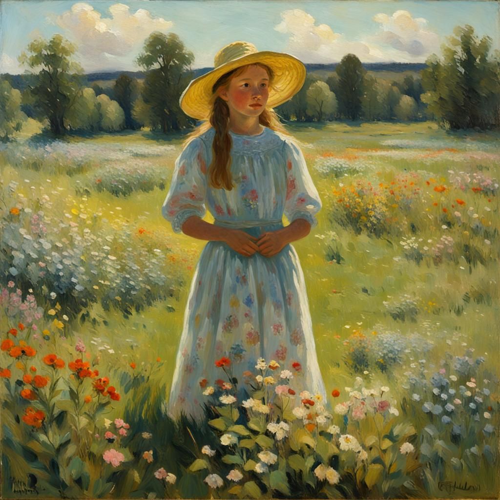 Norwegian Girl in Meadow as Impressionist Oil Painting